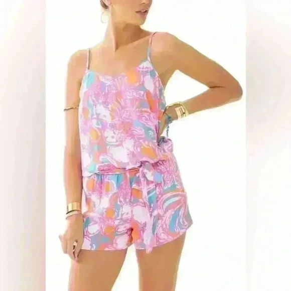 Lilly Pulitzer Deanna Shorely Blue Feeling Tanked Print Tank Short Romper - Picture 2 of 5